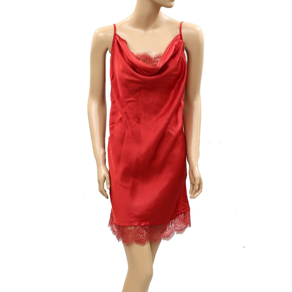 Out From Under Goodnight Kiss Lace Cowl Neck Satin Slip Dress Red M/L 287019